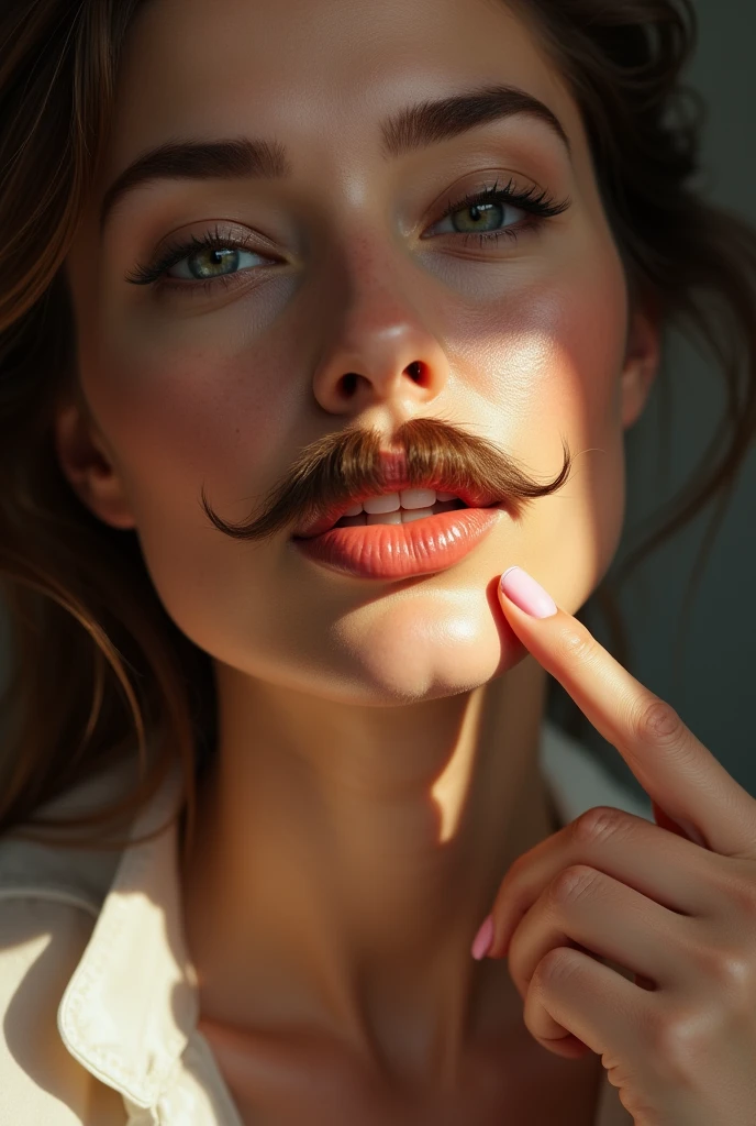 hyper realistic, woman in her 50s, soft lighting, close up on her lips and chin, visible upper lip and visible light brown chin hair, slightly turned off centre, finger pointing at the moustache
