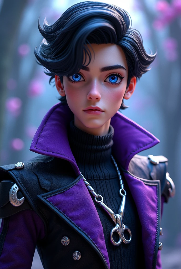 Imagem do filho da Duquesa Swan e da Poppy O'Hair de Ever After High: An older ager, with black hair, blue colored eyes, black and purple outfit with swan elements and silver scissors