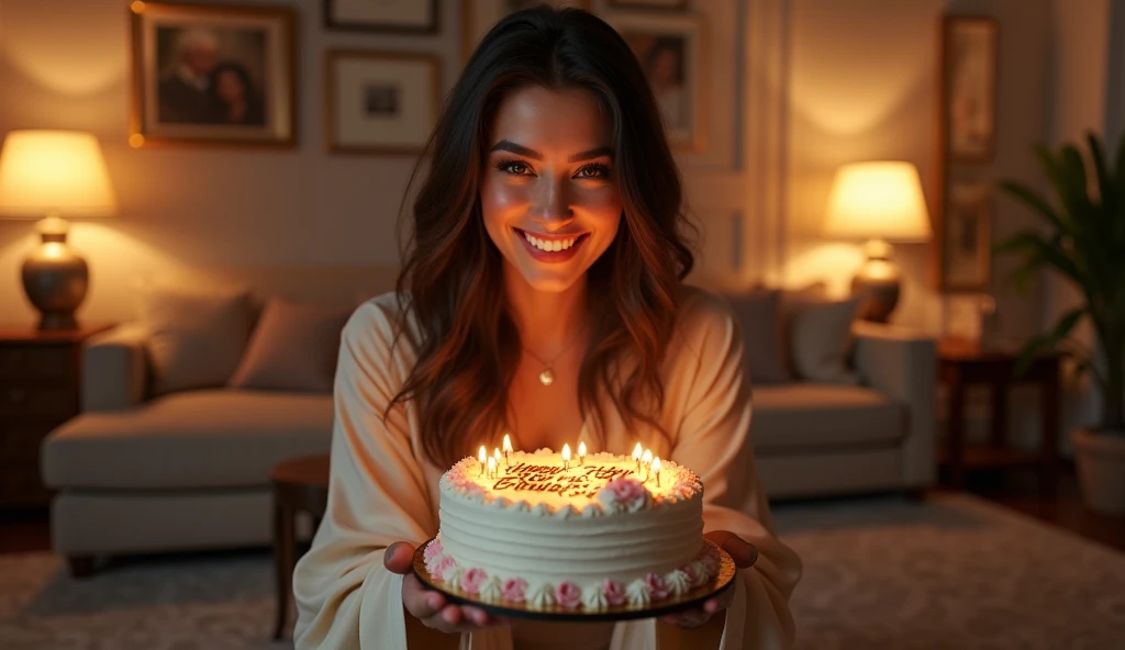 A stunning woman, dressed in soft, flowing fabrics, leans forward with a heartfelt smile, offering a birthday cake. The cake is a masterpiece of confectionery art, with "Happy Birthday Fereshteh" written in elegant, shimmering icing. The setting, a cozy living room with luxurious furnishings and soft lighting, evokes a warm and welcoming atmosphere in hyper-realistic detail.