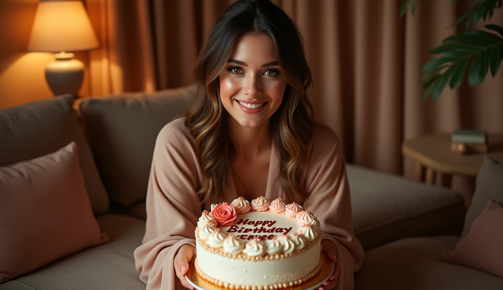 A stunning woman, dressed in soft, flowing fabrics, leans forward with a heartfelt smile, offering a birthday cake. The cake is a masterpiece of confectionery art, with "Happy Birthday Fereshteh" written in elegant, shimmering icing. The setting, a cozy living room with luxurious furnishings and soft lighting, evokes a warm and welcoming atmosphere in hyper-realistic detail.

