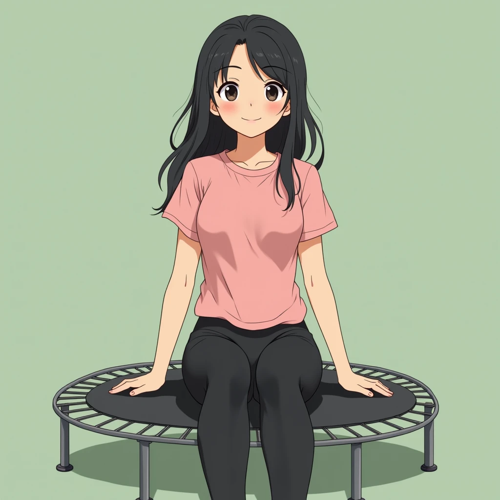 best quality, masterpiece, fill frame, zoomed out, character design, full body, head to toe, studio Ghibli style, poster of young woman, small breasts, wearing plain pink tshirt and long black leggings, smile on small trampoline, perfect fingers, perfect hands, perfect face, perfection, no background