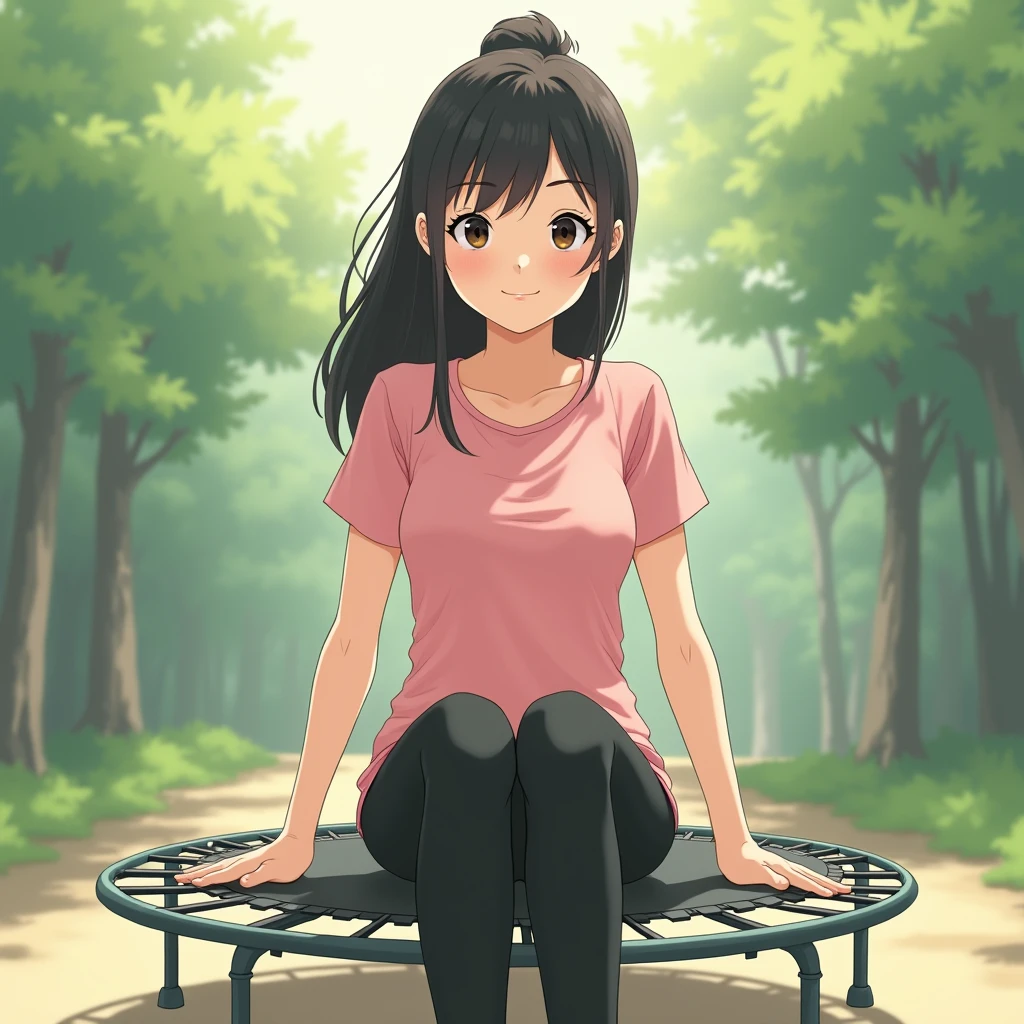 best quality, masterpiece, fill frame, zoomed out, character design, full body, head to toe, studio Ghibli style, poster of young woman, small breasts, wearing plain pink tshirt and long black leggings, smile on small trampoline, perfect fingers, perfect hands, perfect face, perfection, no background