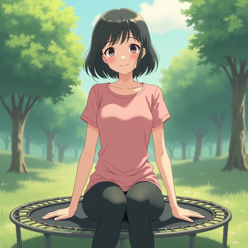 best quality, masterpiece, fill frame, zoomed out, character design, full body, head to toe, studio Ghibli style, poster of young woman, small breasts, wearing plain pink tshirt and long black leggings, smile on small trampoline, perfect fingers, perfect hands, perfect face, perfection, no background