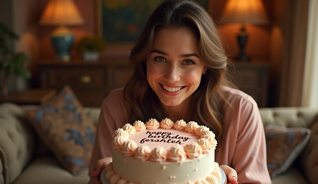 A beautiful lady, her expression warm and genuine, leans forward to offer a birthday cake. The cake is adorned with intricate floral details and the words "Happy Birthday Fereshteh" written in fine, elegant icing. She is surrounded by a cozy, well-decorated living room filled with rich textures and inviting colors, creating a scene of hyper-realistic warmth and comfort.