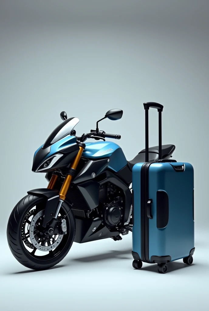 BERA synchronous motorcycle, dark blue color, black engine, regular size suitcase in black and light blue colors