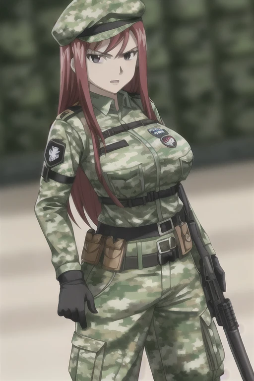 1girl, solo, Erza Scarlet, Fairy Tail, red hair, long hair, big breasts, looking at viewer, sidelocks, green camouflage uniform, long sleeves, (bulletproof vest), belt pouches, (tactical belts), green camouflage cargo pants, black gloves, green camouflage beret, (green camouflage hat), (badges), (simple blurry background)