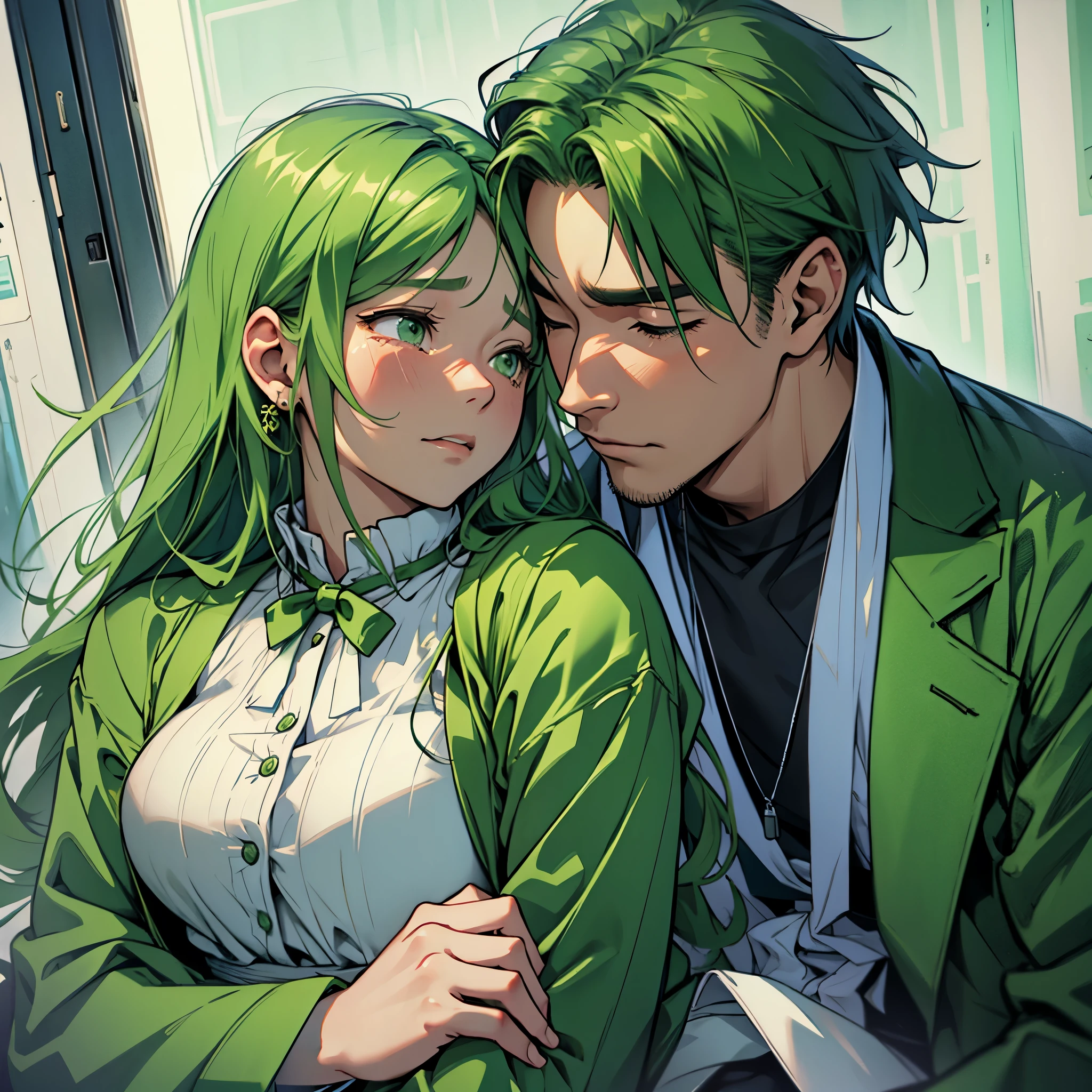 Imagine an MBTI advocate.、A man and a woman in green clothing crying with sadness.。Stylish and ephemeral atmosphere。