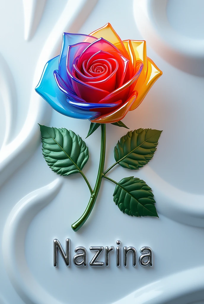 A colorful, glass-like rose with petals in shades of blue, red, yellow, and purple lies on a smooth, white, flowing surface. The word Nazrina is displayed in metallic, silver letters beneath the rose. Green leaves extend from the stem, adding a touch of natural contrast to the vibrant, stylized flower.