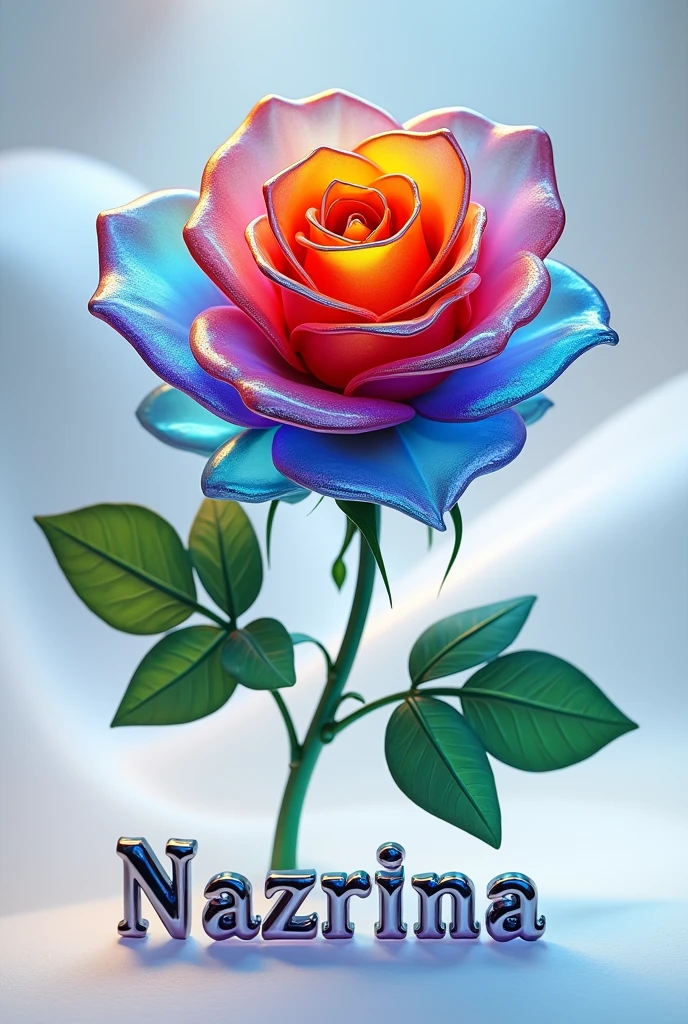 
A colorful, glass-like rose with petals in shades of blue, red, yellow, and purple lies on a smooth, white, flowing surface. The word Nazrina is displayed in metallic, silver letters beneath the rose. Green leaves extend from the stem, adding a touch of natural contrast to the vibrant, stylized flower.