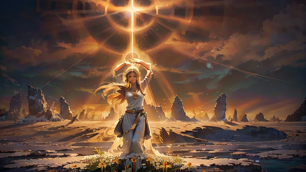 Create an inspirational image for the cover of a YouTube channel called "Praise and Worship." In the center of the image, include the title "Praise and Worship" in large, elegant letters, with a soft glow effect around the letters, symbolizing divine light. The background should depict a sunset sky, with warm colors such as orange, gold and purple, mixed with beams of light radiating from a cross centered in the image. The cross should be made of rustic wood, with soft details of white flowers around the base, representing purity and peace. Around the cross, add subtle musical elements such as floating musical notes, acoustic guitars and transparent harps, suggesting the atmosphere of praise. At the edges of the image, include soft silhouettes of people with their arms raised in worship, creating an emotional connection to the channel's theme. Keep the overall style of the image serene and spiritual, with a touch of reverence and upliftment.