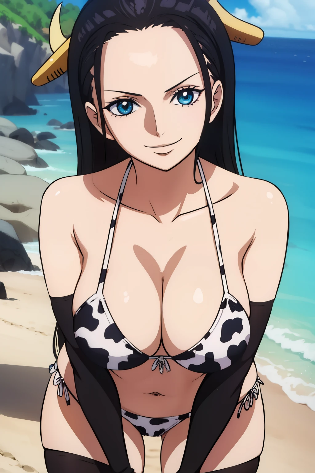 Nico robin   ,1girl , anime , hair , eyes , tube top , malicious face, smug smile , solo , no bra , huge breasts ,  cow bikini , cow stockings , looking at viewer , beach .  Sinal de paz com as mãos  