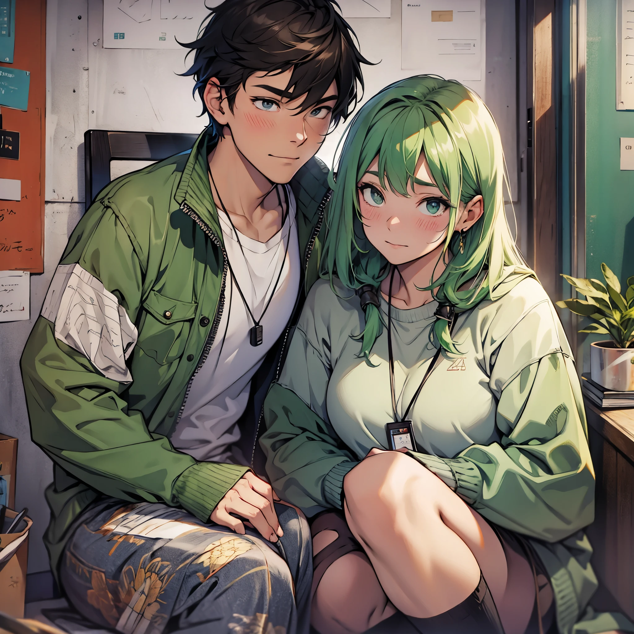 Imagine an MBTI advocate.、A man and a woman, both wearing green clothes, blushing and looking embarrassed.。In a gentle atmosphere。