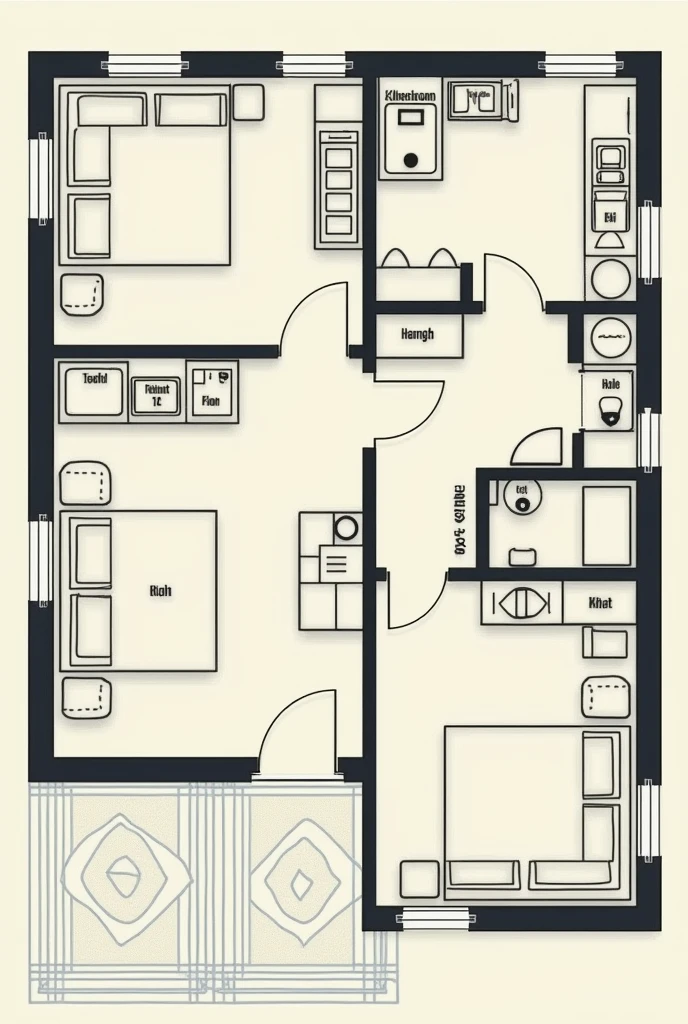 I have 60 ft length and 30 ft width plot, I want 2 rooms, drawing hall and kitchen create map of it