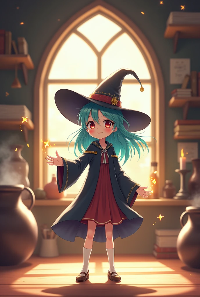 Anime girl young witch try using magic for first time