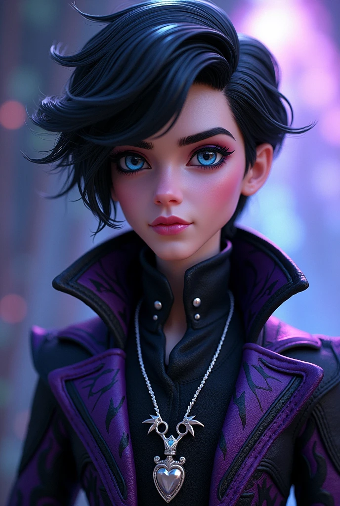 Imagem do filho da Duquesa Swan e da Poppy O'Hair de Ever After High: An older teenager, with black hair, blue colored eyes, black and purple outfit with swan elements and silver scissors