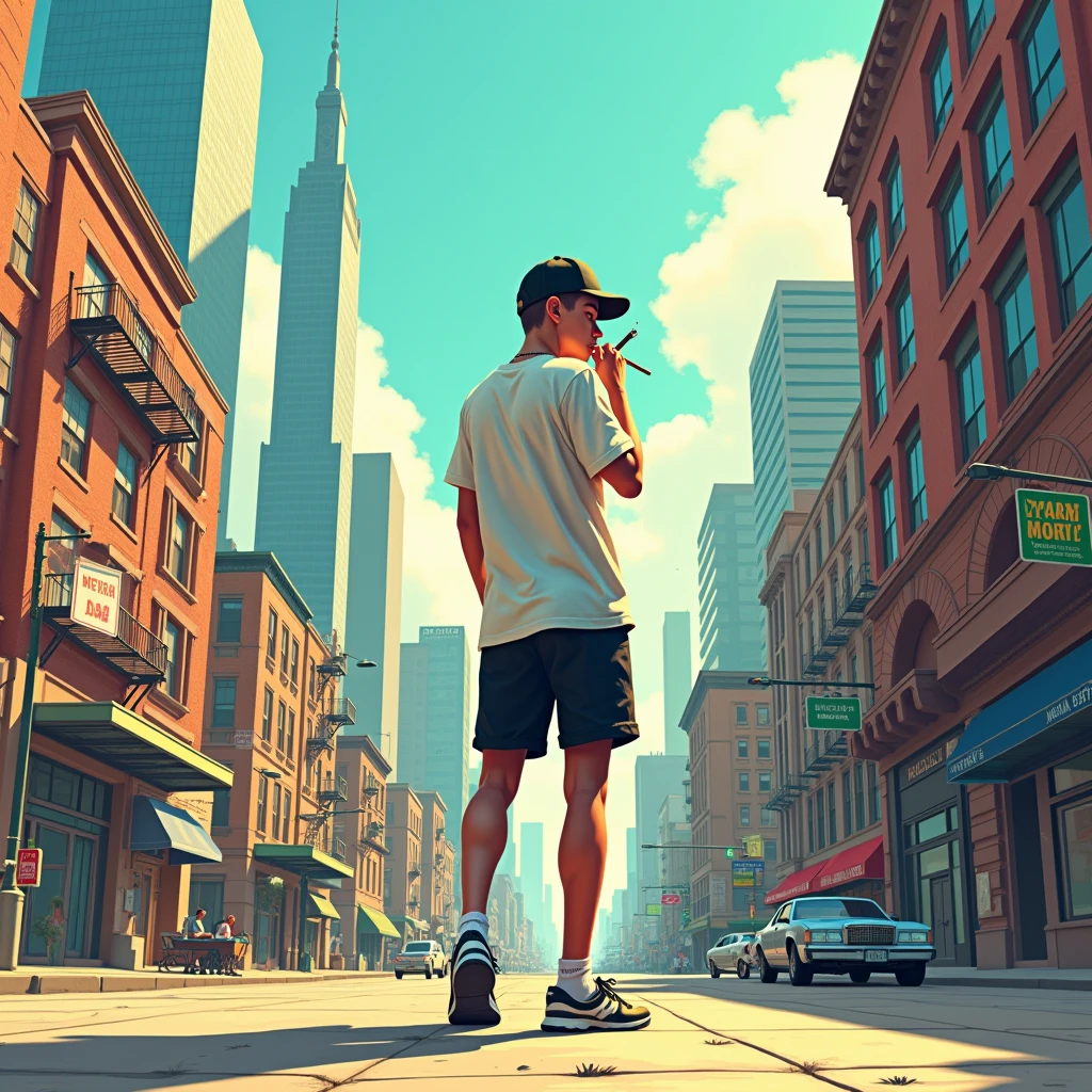 Cityscape album art featuring a sunny day and a skinny white boy of 20 years in the center wearing a white shirt, black shorts and a cap and smoking a joint with his back turned.