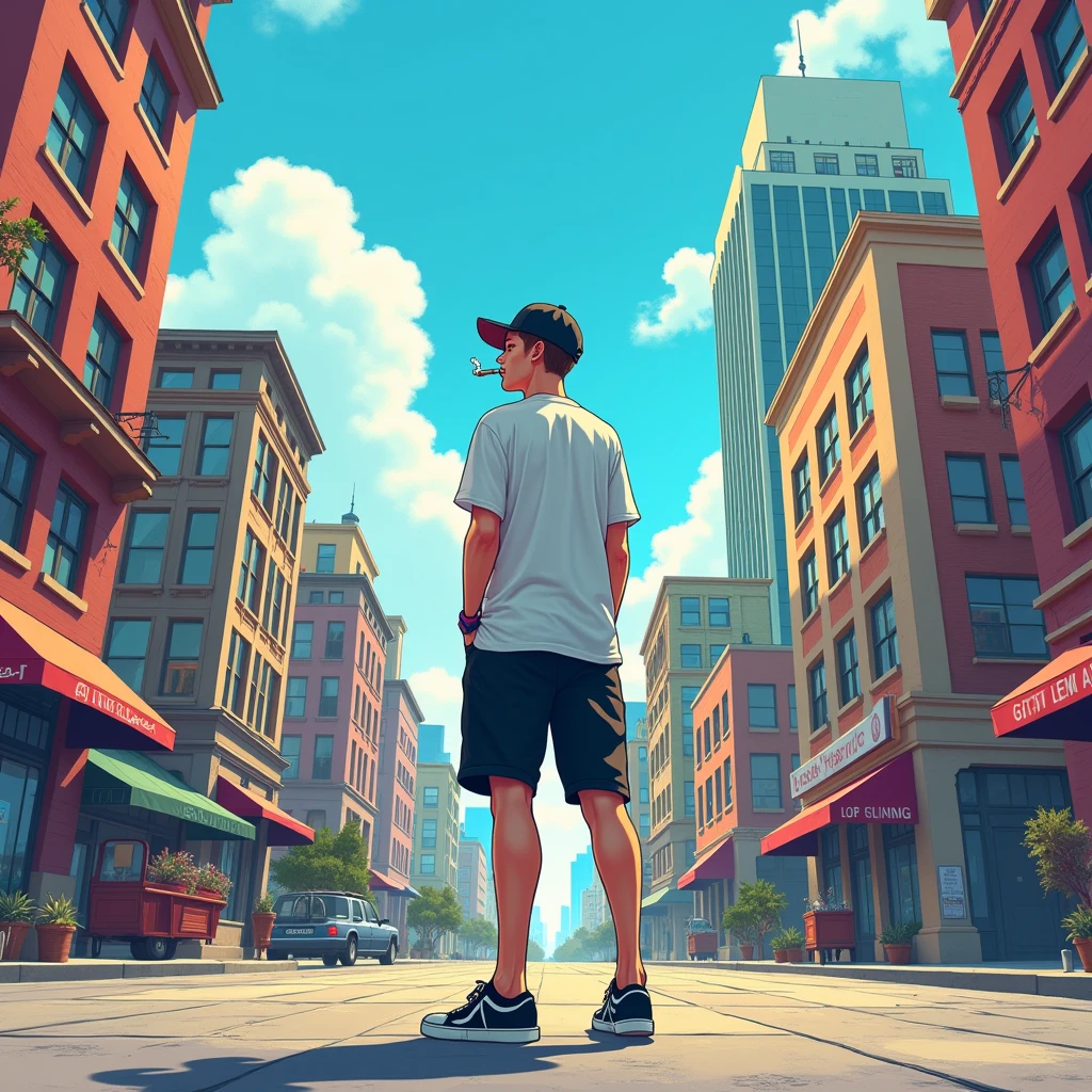 Cityscape album art featuring a sunny day and a skinny white boy of 20 years in the center wearing a white shirt, black shorts and a cap and smoking a joint with his back turned.