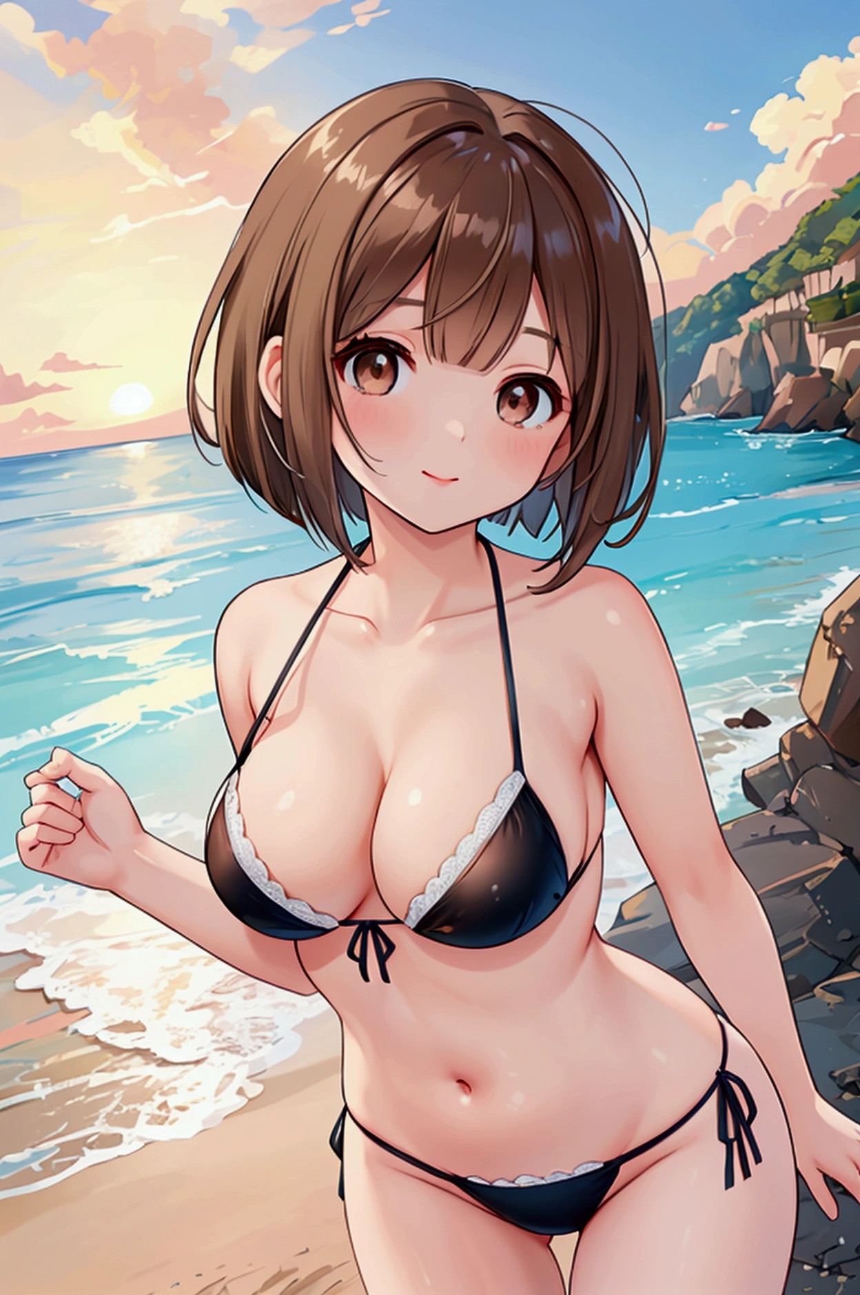Photorealistic、Highest quality、Highest Resolution、Highest quality、16K、1 beautiful adult woman、Cute face、Delicate face、Bob cut hair、Ash brown hair color、Brown eyes、Delicate eyes、Beautiful Eyes、Beautiful breasts、Big Breasts、valley、bikini、Sexy pose、Dynamic Angle、Evening sea、Evening beach、