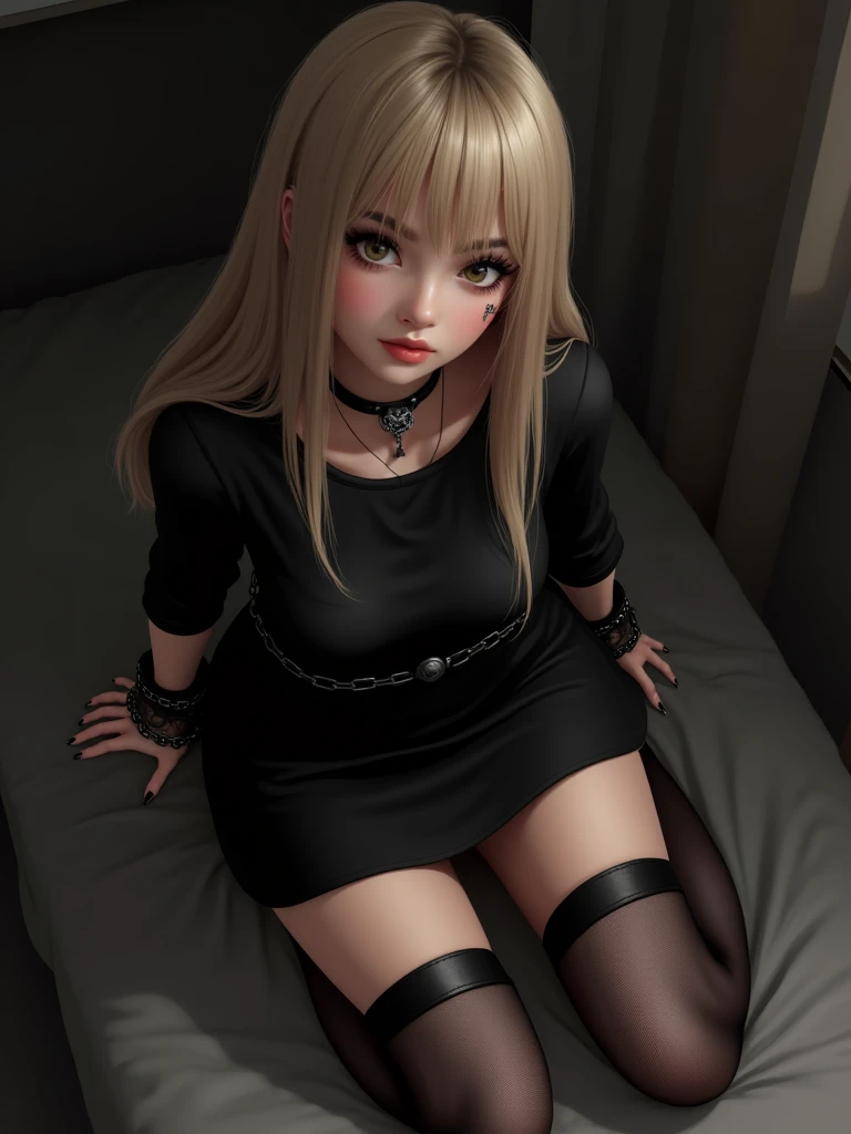 black pencil skirt, black long sleeve top, only the navel,Put your hands behind your back,restraints, blonde hair, Very long hair, straight hair, Cute, slender body, thin legs, Black thigh high stockings, Nylon stockings, hands in black leather handcuffs, hands, connected in a chain, amrs togather, masochistic, whole body, on the knees, leather handcuffs, calf tattoo, large collar around the neck, 18 years, long eyelashes, mascara, cute face, bent over, top down bottom up, arms behind back, kneeling, submissive look, lying on table, on stomach