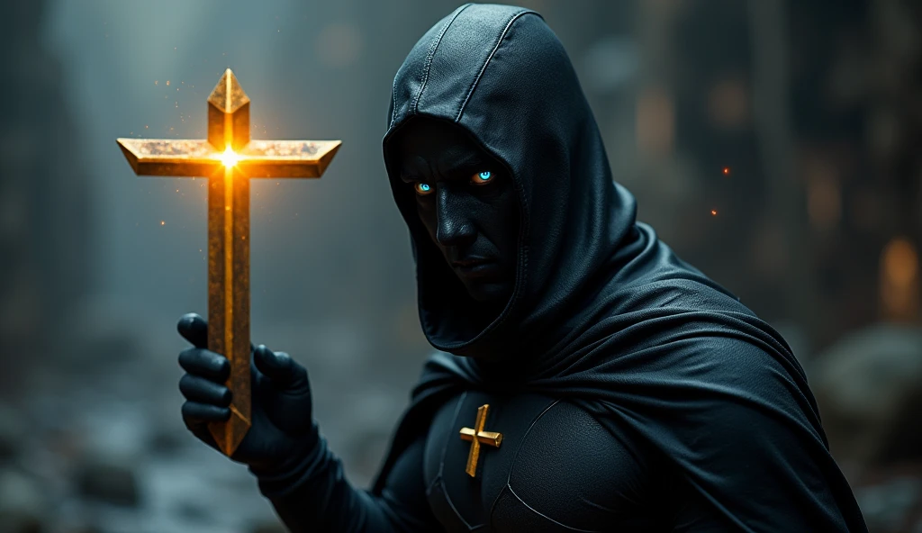 The Black-Cosplayed Hero , a symbol of mystery and profound agility, is known for his stealth and cunning abilities. With his piercing blue eyes and sleek appearance, he is a force to be reckoned with. The letter T , carved in gold metal, serves as his symbol, a beacon of hope and justice in the face of darkness. Together, the Black-Cosplayed Hero and the mysterious T symbol convey a sense of adventure and intrigue, guaranteeing an unforgettable journey.