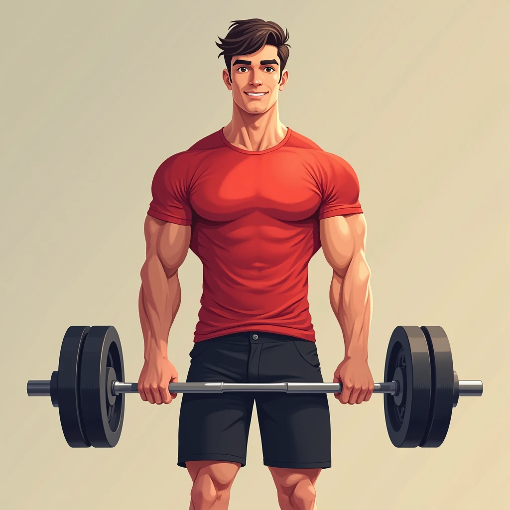 best quality, masterpiece, fill frame, zoomed out, character design, full body, head to toe, vector cartoon, poster of handsome young man, wearing plain red tshirt and black shorts, gentle smile while lifting a straight barbell, no nipples, perfect fingers, perfect hands, perfect face, perfection, no background