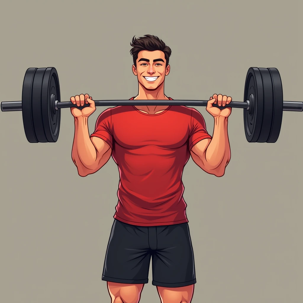 best quality, masterpiece, fill frame, zoomed out, character design, full body, head to toe, vector cartoon, poster of handsome young man, wearing plain red tshirt and black shorts, gentle smile while lifting a straight barbell, no nipples, perfect fingers, perfect hands, perfect face, perfection, no background