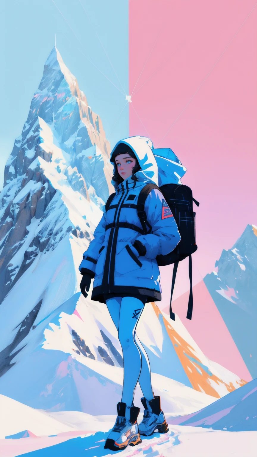 there is a beautiful girl walking in the snow with a backpack, jen bartel, carrying survival gear, detailed digital illustration, inspired by Josan Gonzalez, with a snowy mountain and ice, bitcoin, by David G. Sorensen, package cover, peak experience ”, detailed 2d illustration, 80k, 8 0 k, crypto, giant crypto vault, winter concept art
