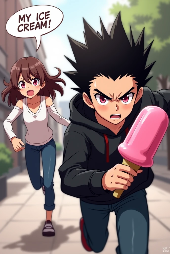 A boy ((( Anime boy , Spiky hair , black hair , black hoodie , blood red eyes , narrowed eye , runs away , holding a pink ice cream 
 ))) , A girl ((( Anime girl , brown hair , long hair , pink eyes , friendly eyes , white long sleeve t shirt , open shoulders , screams "my ice cream!!!" ))) ,