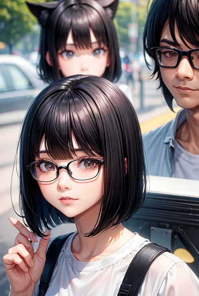 One person, bangs, Black Hair、Bob Hair、Dog ears、Glasses、cool