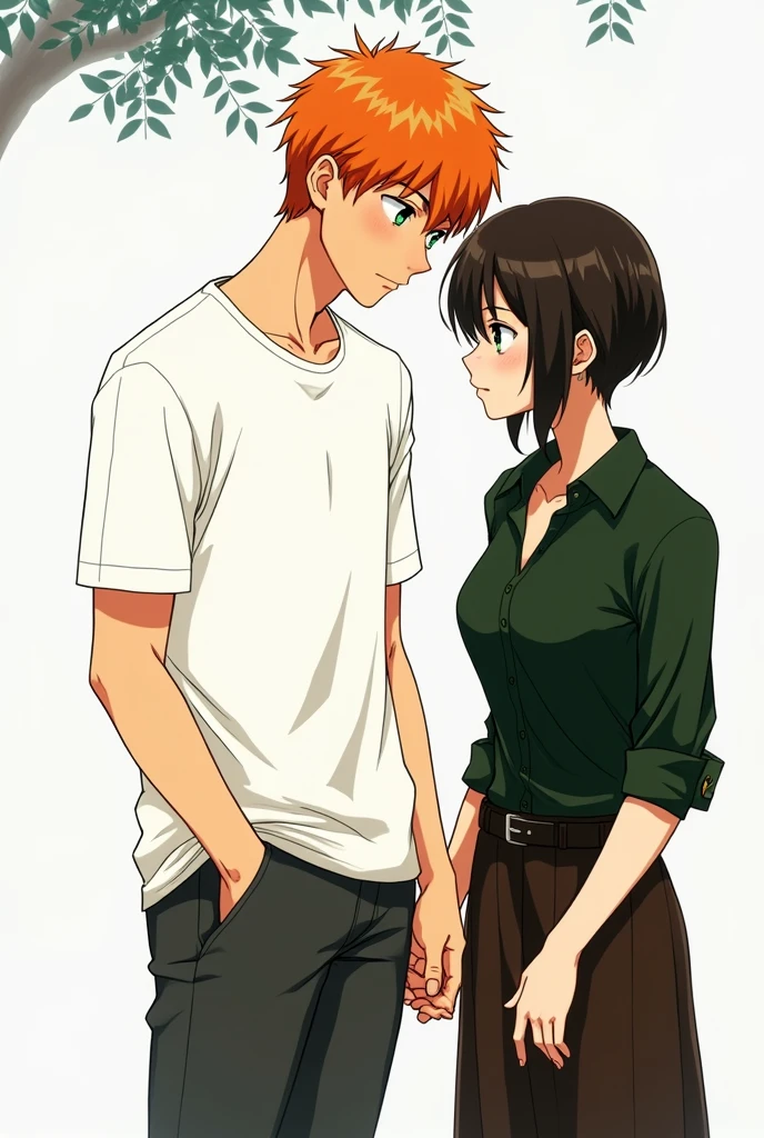 Guy with orange hair and green eyes, white T-shirt, dark gray pants, holding the hand of a girl with very short dark brown hair, black eyes, in a dark green shirt and dark brown skirts, anime art, masterpiece, realistic, over-detailed, professional quality