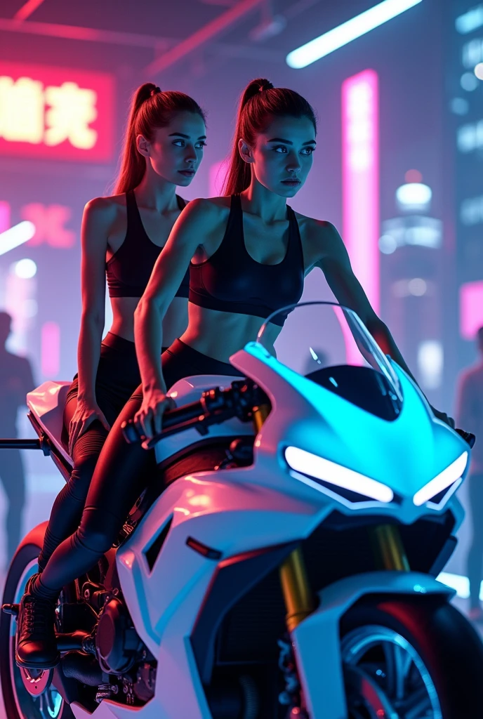 2 gym girls riding a motogp arcade motorcycle game