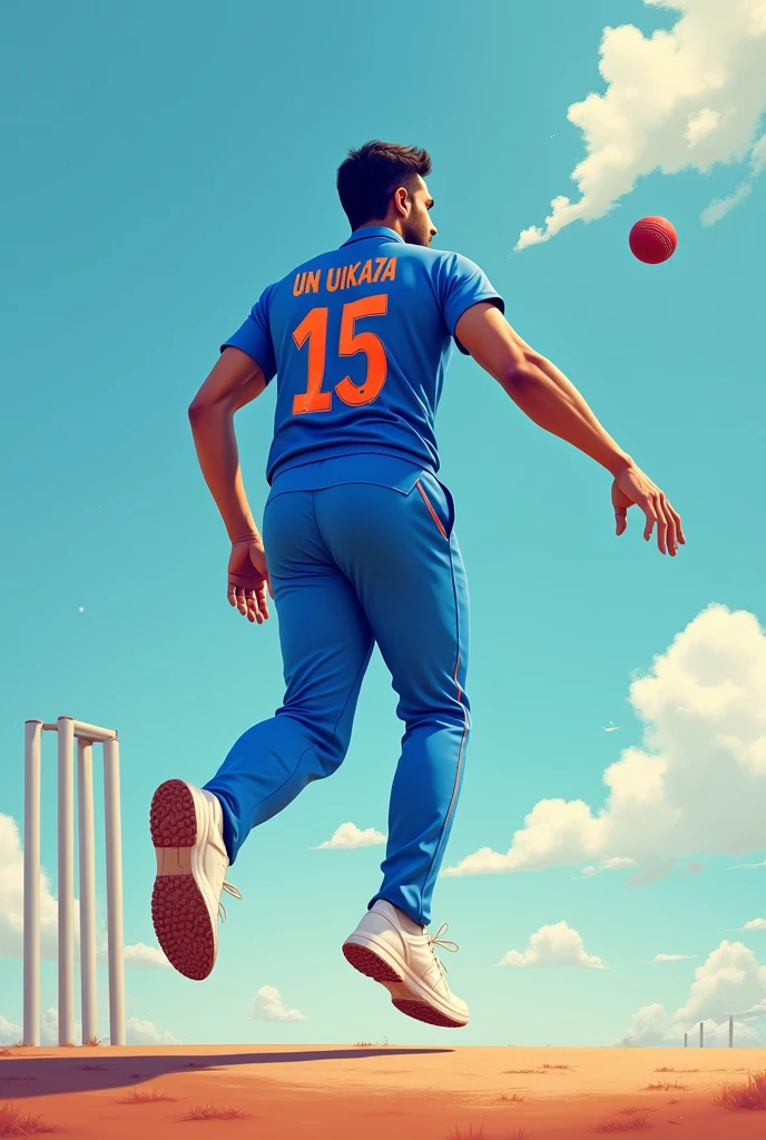 Give me a blue jersey with INDIA written on the back of the jersey and a cricket player throwing the ball in white sneakers from behind,Show back,顶光drop shadow, anaglyph, stereogram, tachi-e, ass pov, atmospheric perspective, 8k, super detail, best quality