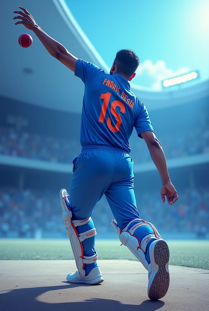 Give me a blue jersey with INDIA written on the back of the jersey and a cricket player throwing the ball in white sneakers from behind，Show back,顶光drop shadow, anaglyph, stereogram, tachi-e, ass pov, atmospheric perspective, 8k, super detail, best quality