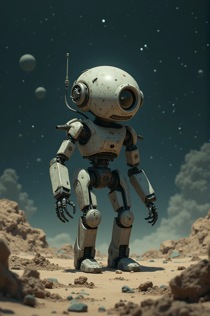A Tiny robot fending for itself in space due to extinction of robots