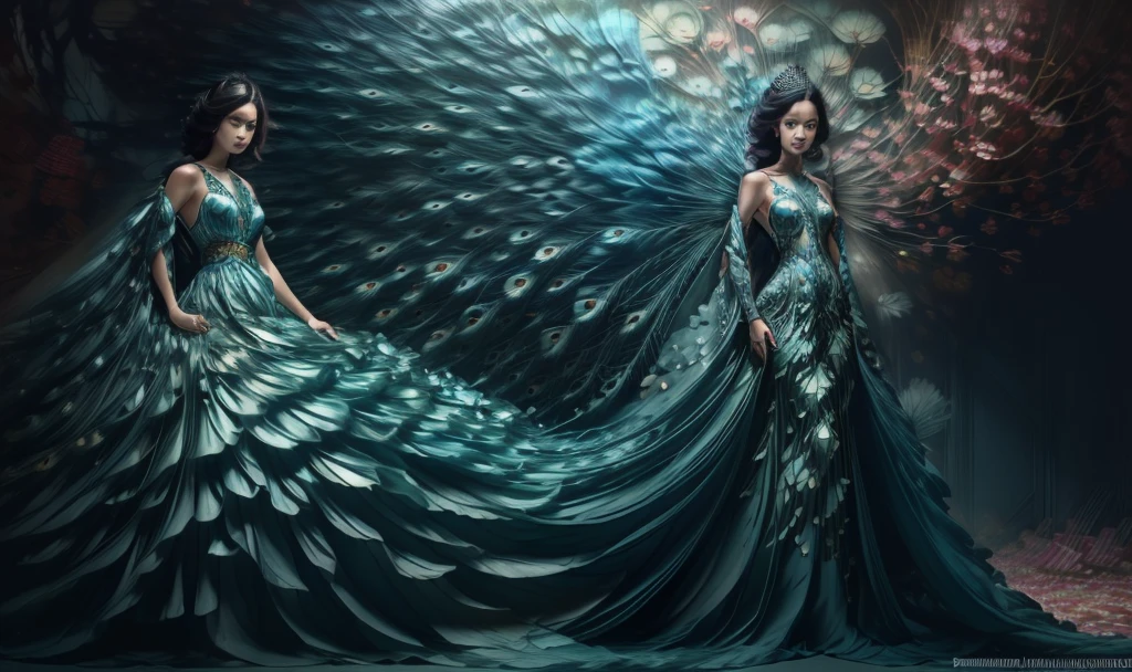 (masterpiece, top quality, best quality, official art, beautiful and aesthetic:1.2),(fractal art:1.2) (Scattered petal:1.6)(dark green background:1.2)
pregnant lady flowerjewelryblue dressbare shoulders
petalstiaranecklacePeacock (full body:1.5), Crossed legs, sitting, Milky skin, (shiny skin:1.5)
