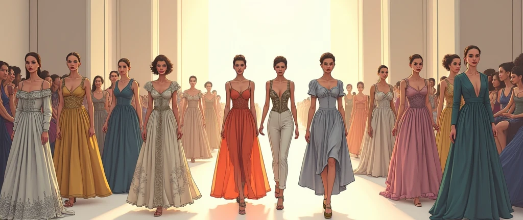 Évasion par la Mode à Travers les Époques
Concept :
Imaginez un défilé de mode où les mannequins traversent différentes époques, chaque époque étant représentée par une tenue iconique. Ce défilé symbolise une évasion à travers le temps et la culture, où chaque tenue devient une porte vers une époque spécifique.
Structure et Perspectives :
Page de gauche :
Perspective : Commencez par une perspective frontale ou légèrement de côté d’un podium qui s’étend vers le fond. Les premiers mannequins, plus proches de l'avant, porteront des tenues des époques plus anciennes, comme des robes de la Renaissance ou des corsets victoriens.
Tenues : Les silhouettes pourraient être habillées dans des vêtements historiques :
Robe de la Renaissance : Avec des manches bouffantes et des corset
Page de droite :
Robe des années 1920 (Années Folles) : Avec des coupes droites, des franges, et des perles.
Mode des années 1960 : Des mini-jupes colorées et des bottes montantes.
Tenue contemporaine : Un ensemble de haute couture moderne, peut-être inspiré par des créateurs comme Alexander McQueen, avec des formes sculpturales et des matériaux innovants.
Techniques :
Silhouettes : Travaillez avec des silhouettes pour créer des formes simples mais reconnaissables. Utilisez des crayons fins pour les contours, en vous concentrant sur les lignes fluides des vêtements et des corps.
Détails : Ajoutez des détails aux vêtements pour montrer les textures et les matériaux, comme les broderies, les tissus plissés, ou les ornements. Vous pouvez aussi dessiner des accessoires spécifiques, comme des bijoux ou des chapeaux, pour renforcer l'identité de chaque époque.