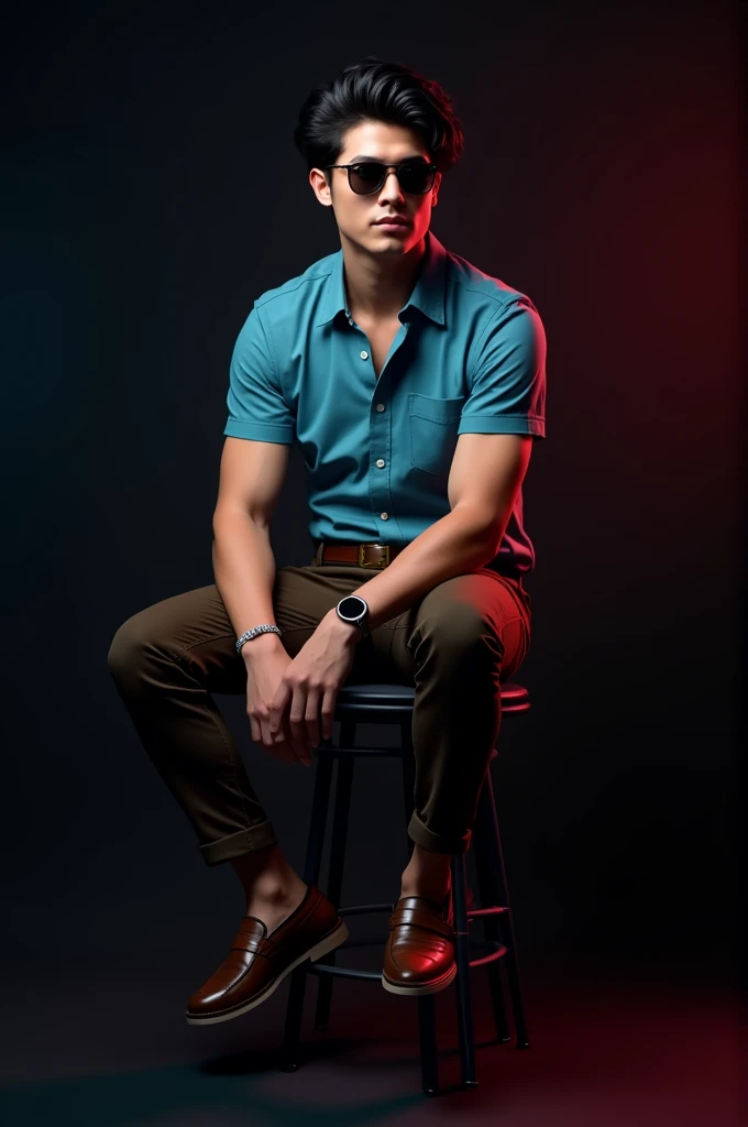 A  tan tall boy with  black wave hair wearing sunglasses, sky blue short sleeve shirt tucked with dark brown belt black long trousers and old watch on it and dark brown loafers sitting on black stool and black background red and blue light on it the boy turning right side 