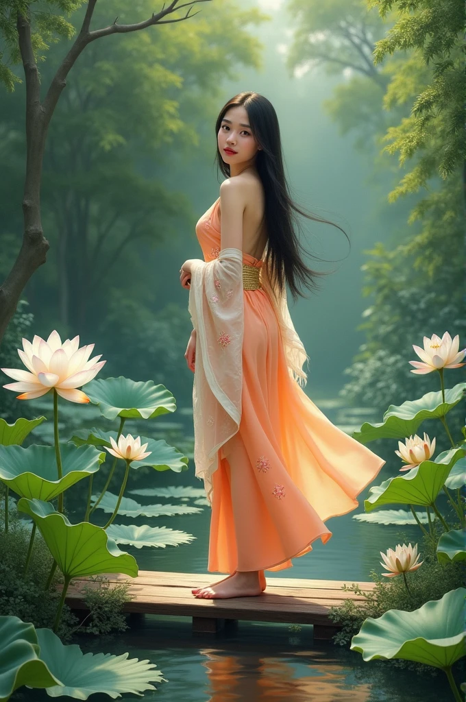 On the bridge in the middle of a beautiful white lotus pond, a beautiful young woman with a sweet and gentle face, long black hair flowing in the air, wearing a light orange Dusit Thai dress, a light orange and white sarong with pink sparkles, a white silk sash around her arm with a gold sparkle, the freshness of the green atmosphere of the lotus pond, an oil painting, a simulative painting, an art painting by Professor Chalermchai.