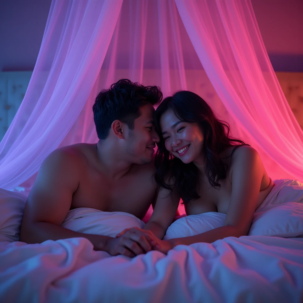 Indonesian couple. The man is a normal body, With The woman is a little chubby and huge breasted (her face showed an expression of pleasure), The luxurious bedroom is decorated with a mosquito net with RGB neon backlight as a background detail, lying on the pillow together under the white blanket. Look at the viewer, natural light, realistic photography, wide angle shot from top.
