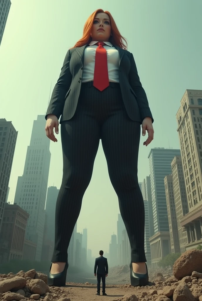 Ground View,giantesscity, giant girl 5500 feet high,skyscrapers,Have a pair of ultra long legs, stepping in the crowd,many people in street, a pair of huge breasts,Princess, black pinstriped pant suit,shite tailored shirt, large red tie, Has ginger waist-length hair,Wearing a pair of platform heels,A look of enjoyment,standing on a ruins,Beautiful appearance,Exquisite makeup,quality, Cinema lighting,film grain,8k,textured skin,Super details,high detail,high quality,high resolution, smile
