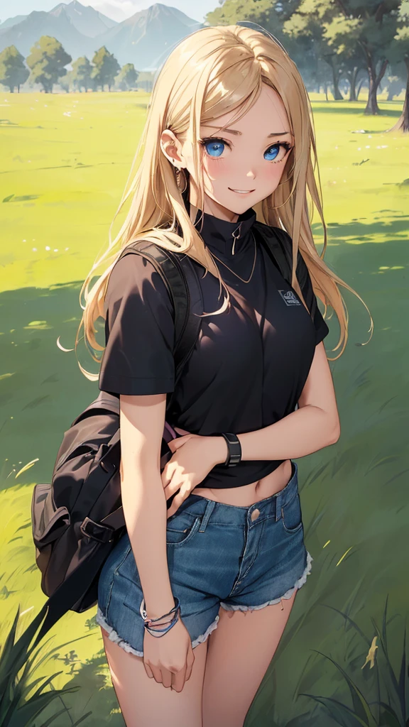 最high quality、Best image quality、masterpiece、woman((18-year-old、Sportswear、Black sports bra、Blue shorts、Best Bust、Bust 85、Blonde、Long Hair、blue eyes、Open your chest wide、valley、happiness、Black wristband on wrist、Slender、smile、耳Nipple Ring、running、The wind is blowing、sweating、Hunchback、Black Rucksack))high quality、Visual Arts、background((grassland、Grass path))、Tabletop、