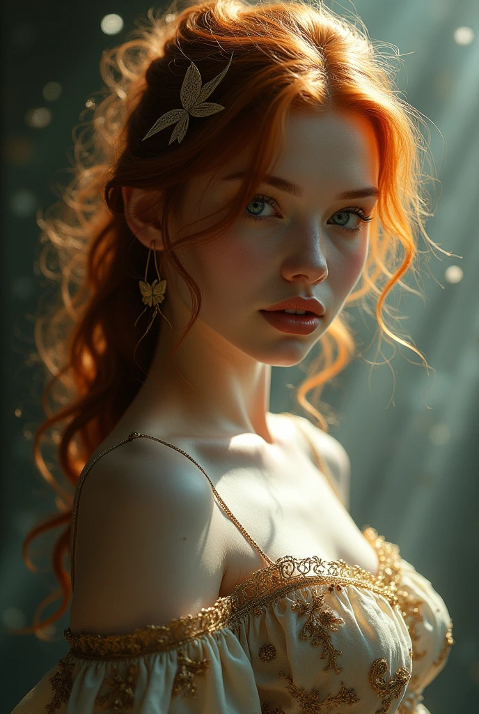 (solo, full body photo:1.3), (action packed:1.3), (haze, fog, mist:1.3), chiaroscuro, best quality, photorealistic, 1woman, (cute), (24yo:1.2), redhead, long ginger hair highly detailed, 1700'S, digital photography, art by artgerm and ruan jia and greg rutkowski surreal painting gold butterfly filigree, broken glass, (masterpiece, sidelighting, finely detailed Fashionable eyes: 1.2) (perfect oval large eyes that gazes at the viewer), beautiful detailed face, blue gorgeous perfect eyes, (blonde hair ponytail), (attractive young woman:1.3), (thick amazing hair), (seductive:1.1), (blushing:1.1)