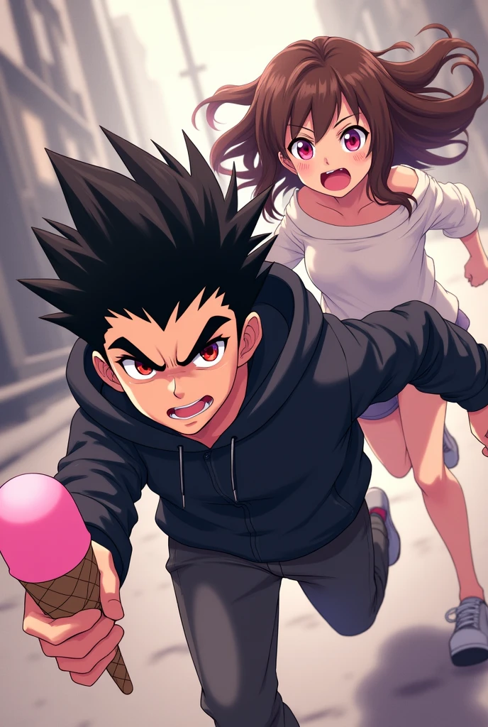 A boy ((( Anime boy , Spiky hair , black hair , black hoodie , blood red eyes , narrowed eye , runs away , holding a pink ice cream
))) , A girl ((( Anime girl , brown hair , long hair , pink eyes , friendly eyes , white long sleeve t shirt , open shoulders , screams "my ice cream!!!" ))) ,