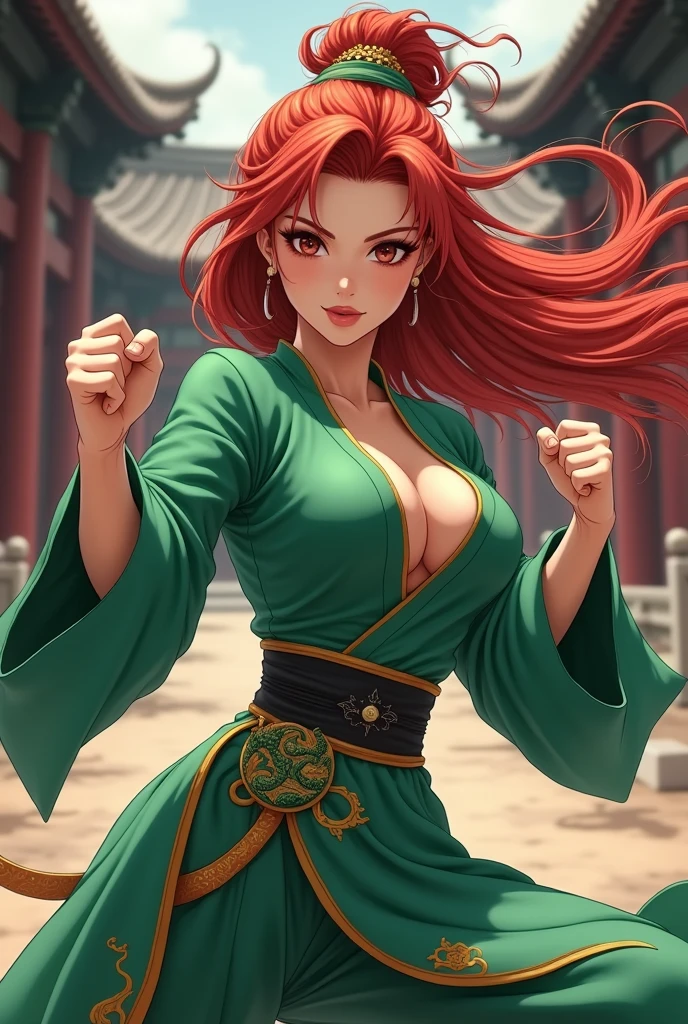 (anime) adult woman, martial artist, monk, green chinese short dress, dress with dragons pattern, (wind lift dress), red hair, temple background, big breasts, cleavage, hands with 5 fingers, (wind around fists), camera angle from below, fighting pose, seductive look, ((kicking))