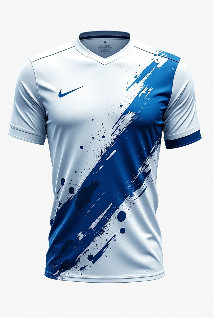 White football team jersey, deep blue brush paint illustration of parts of cool soccer ball image on body