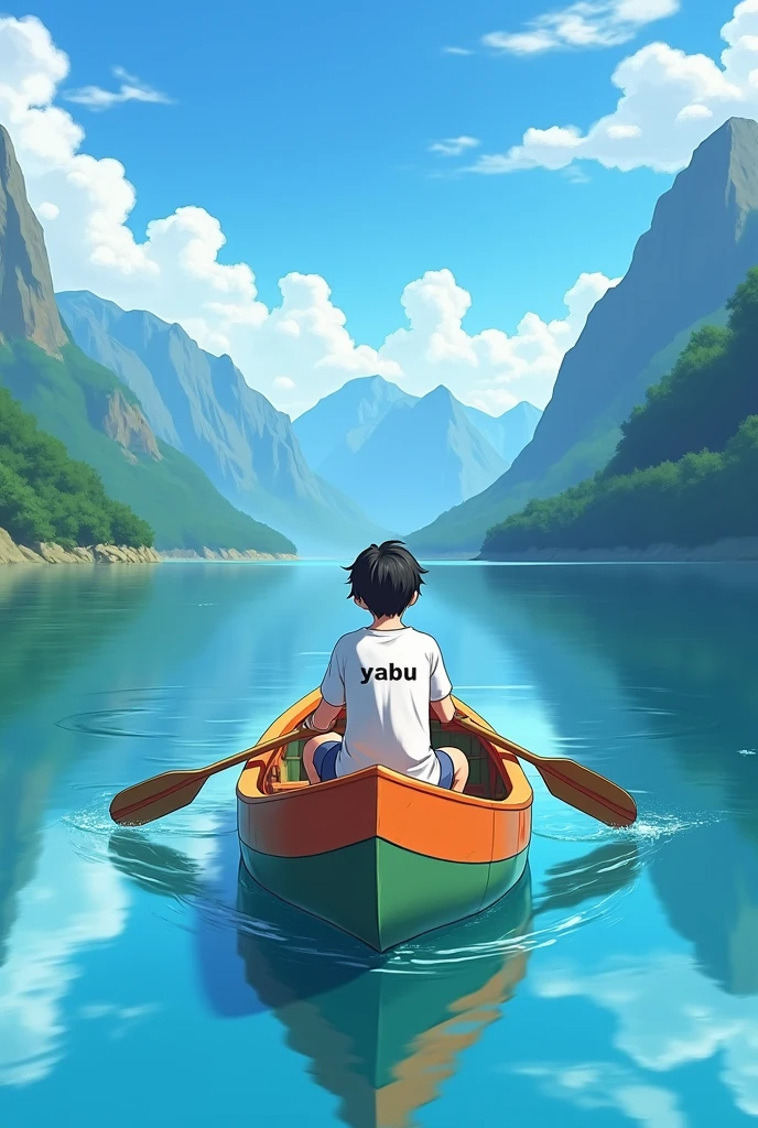 Here’s an updated prompt that excludes the boy's current outfit and focuses on the scenario you want:
**Prompt:**
"A 17-year-old boy is sitting on a colorful boat, paddling on a calm lake surrounded by mountains. He is wearing a white long T-shirt with the word 'YABU' written on it in bold letters and casual shorts or pants suitable for boating. The boy has short hair and is barefoot or wearing casual, non-branded shoes. The atmosphere is vibrant, with a clear sky above and water reflecting the natural landscape. The boy is positioned in the center of the boat, paddling enthusiastically, with the beautiful scenery of mountains and greenery in the background."
This prompt should create a photo similar to the one you uploaded but with a more casual outfit for the setting.
