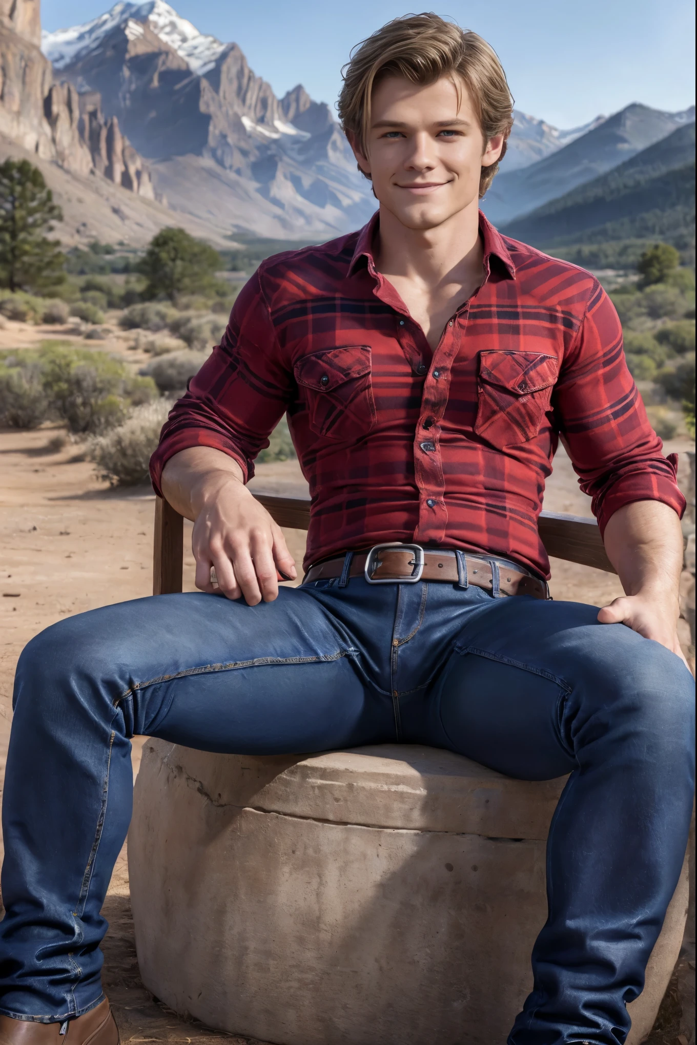 Lucas Till, ((masterpiece)), ((best quality:1.2)), ((realistic)), ((perfect face)), ((perfect hands)), High Resolution, 8k, full body image, (ultra_realistic:1.3), (photorealistic:1.4), sharp focus, 1boy, (perfect face), wide angle, handsome outdoors, (sitting on a corral fence:1.2), mountains in the background, smiling, ((he is wearing a tight red flannel shirt:1.2)), ((he is wearing denim dark blue jeans:1.2)), belt, shiny silver belt buckle, blue eyes, short hair, blonde hair, thin toned build, solo, 1boy, smirking,