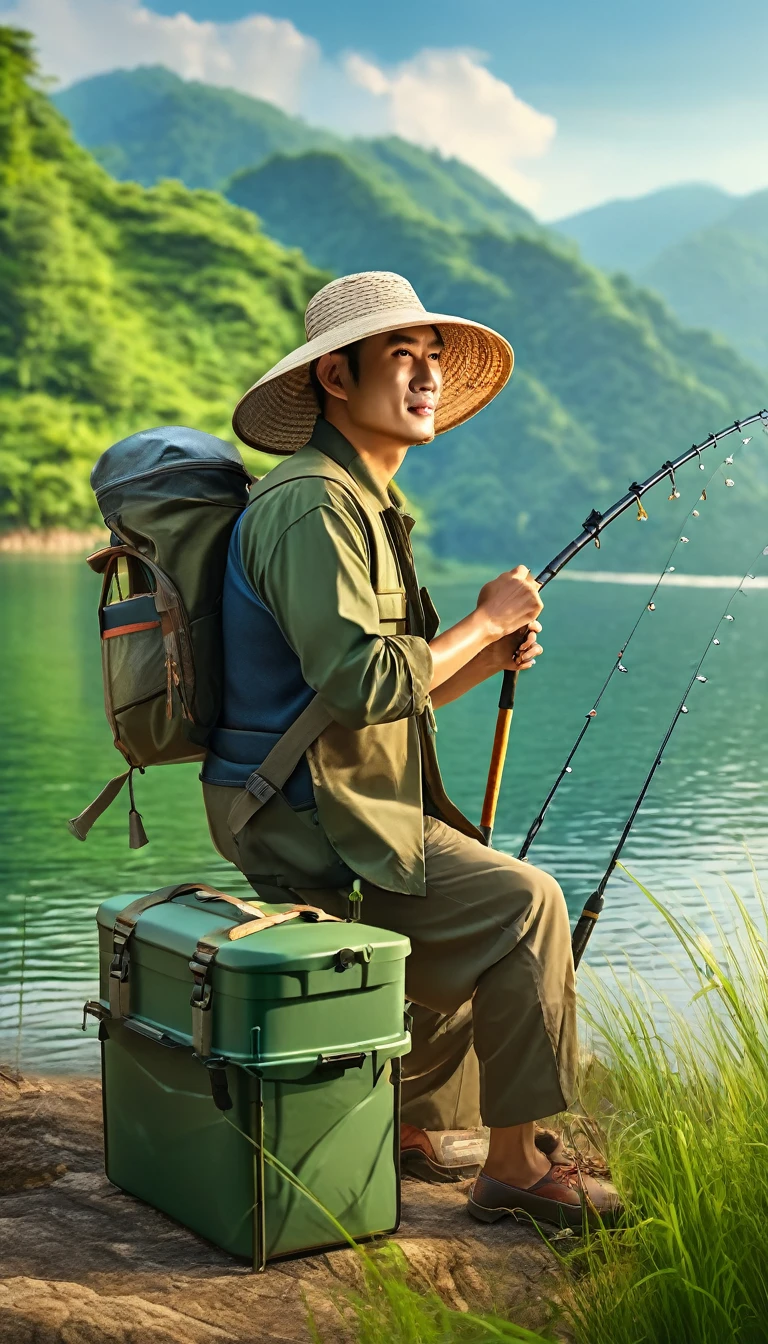 Fisherman wearing fisherman hat.Go fishing fully equipped.fishing chaishing box、fishing umbrella、Follow a dog.Come to the beautiful lakeside with green mountains and clear water.anatomically correct.Scenery background(best quality,4K,8k,High resolution,masterpiece:1.2),Super detailed,(actual,photoactual,photo-actual:1.37),