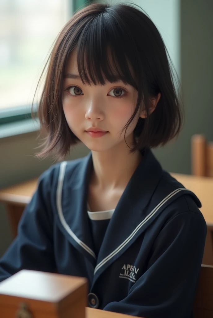 Highest quality, Face Focus, Soft Light, Ultra-high resolution, (Realistic:1.4), RAW Photos, 1 Japan, alone, cute, (A shy smile:0.5), (Brown eyes, Light in your eyes), Beautiful face in every detail, (Small box),(High resolution detail of human skin texture), (Short Bob Hair), break, In the classroom,Navy uniform, Best, skirt