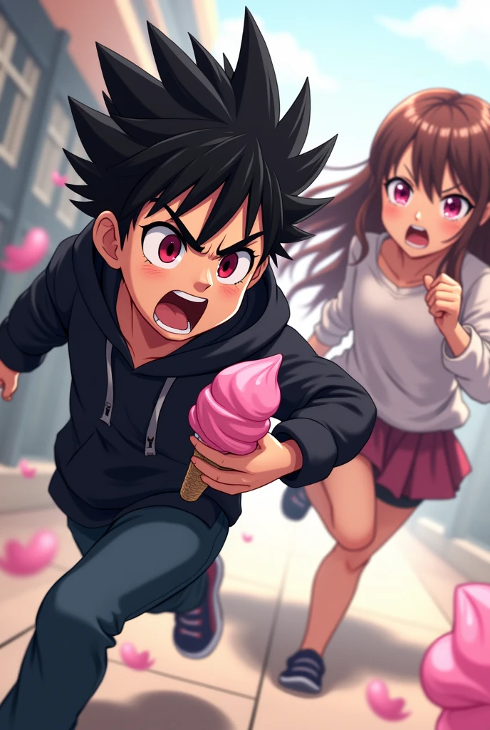 A boy ((( Anime boy , Spiky hair , black hair , black hoodie , blood red eyes , narrowed eye , runs away , holding a pink ice cream
))) , A girl ((( Anime girl , brown hair , long hair , pink eyes , friendly eyes , white long sleeve t shirt , open shoulders , screams "my ice cream!!!" ))) ,
